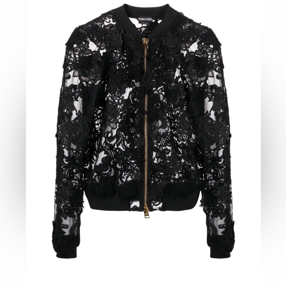 💜TOM FORD RARE RUNWAY FLORAL MACRAME SHEER LACE BOMBER JACKET IN BLACK